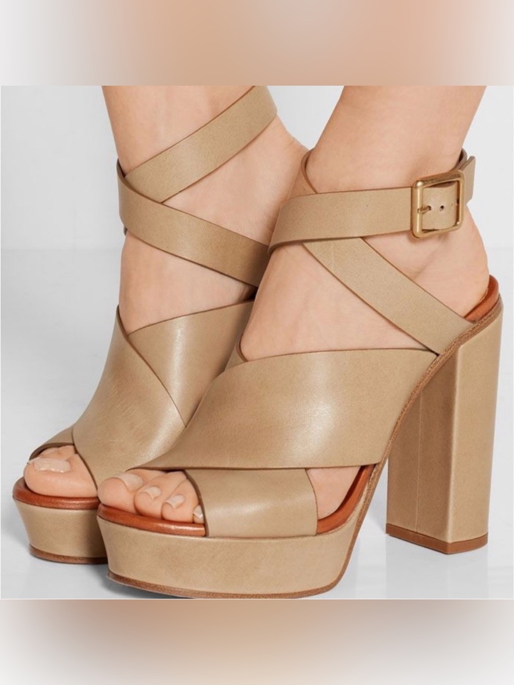 Authentic Chloe Tan Crossover Ankle Strap Platform Heels - Women’s 38.5